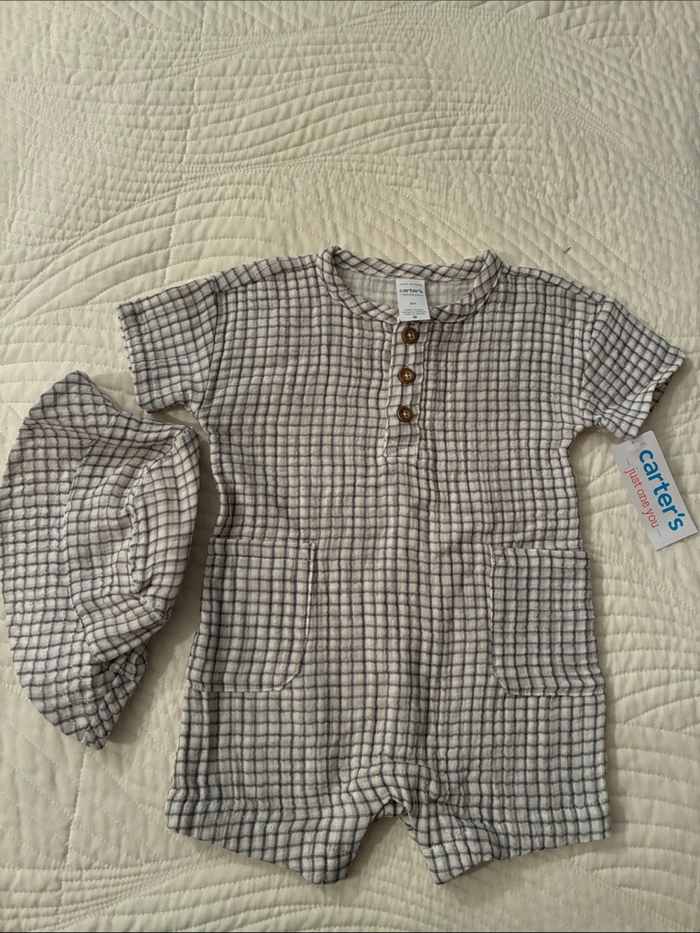 Carter's Cream and Navy Grid Short-Sleeve Romper with Matching Hat
